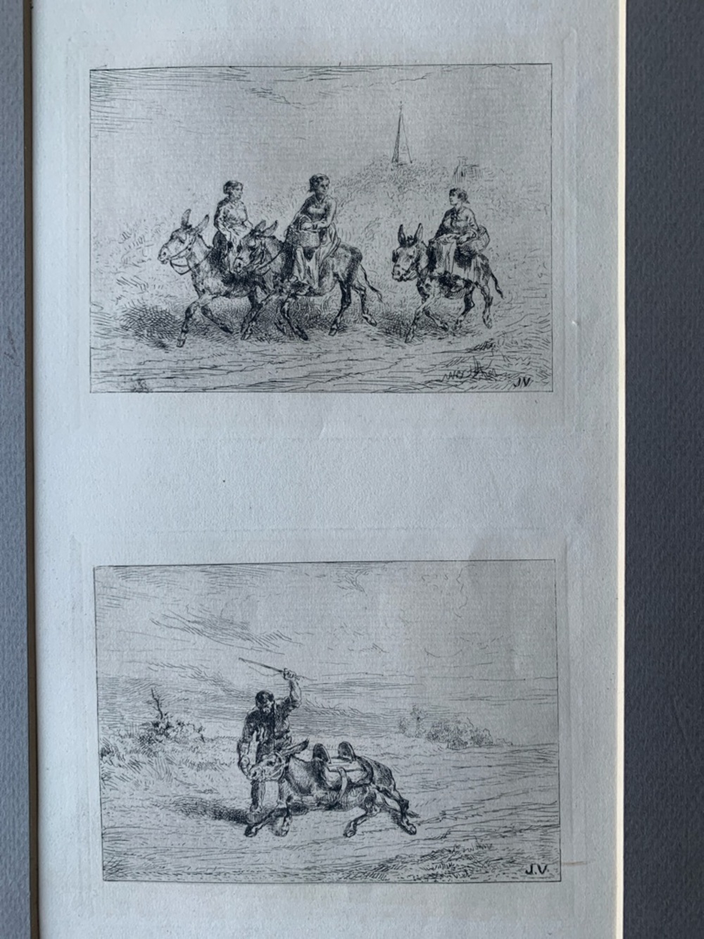 Vintage Antique 1800s Signed Donkey Etchings Jules Jacques Veyrassat